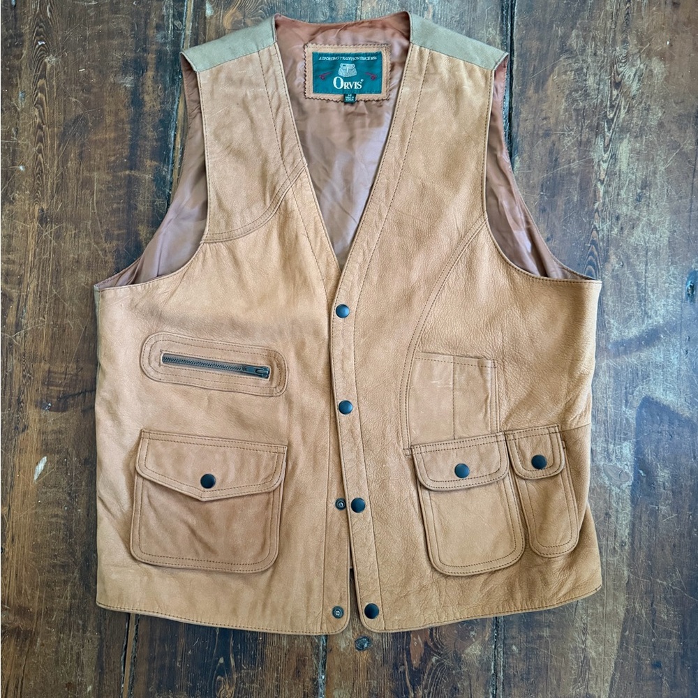 Orvis Tan Leather Field Vest with Multi-Pocket Front
